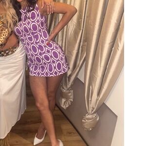 ALYX Vtg retro mini high neck purple‎ and white dress small